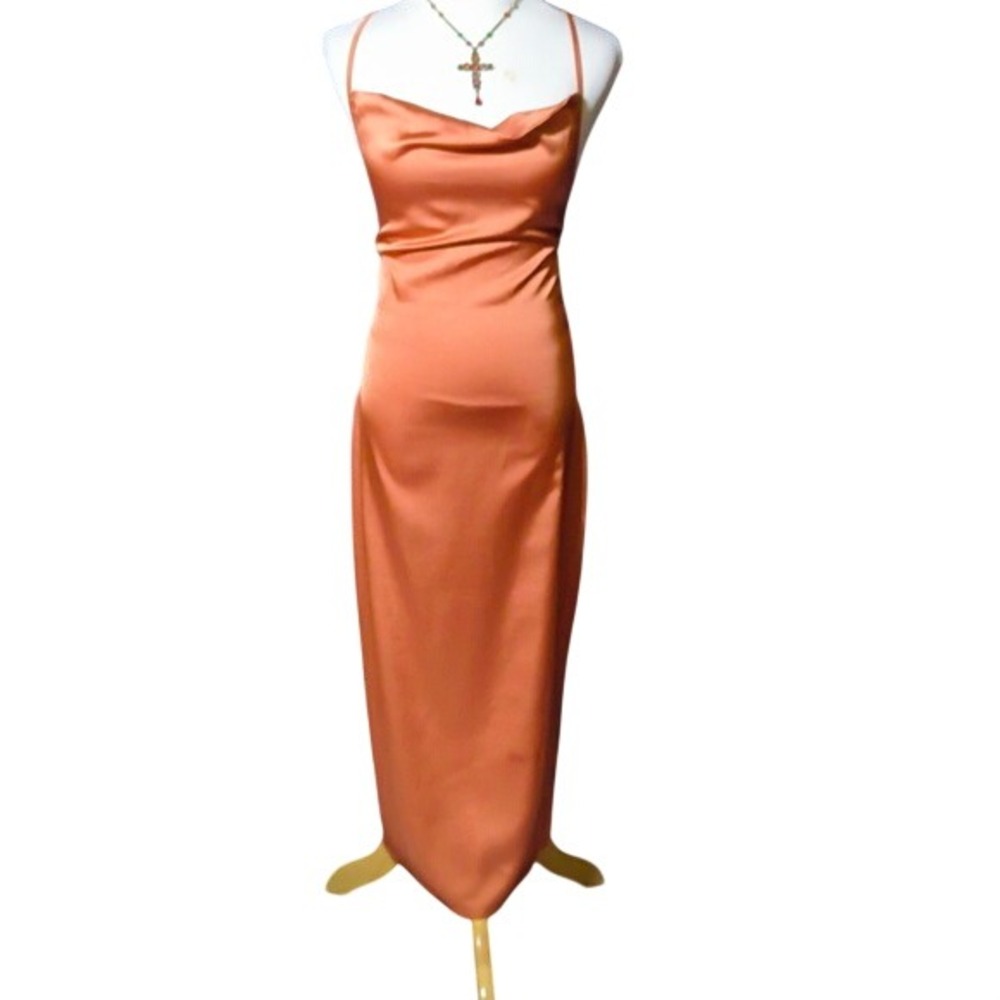 PrettyLittleThing Rust Satin Cowl Neck Lace Up Back Midi Dress US 6 NEW - Picture 12 of 16
